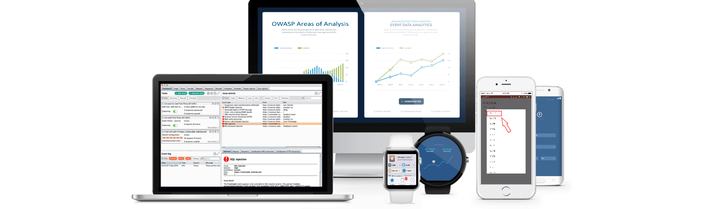 Laptop, desktop, and mobile devices used during application testing